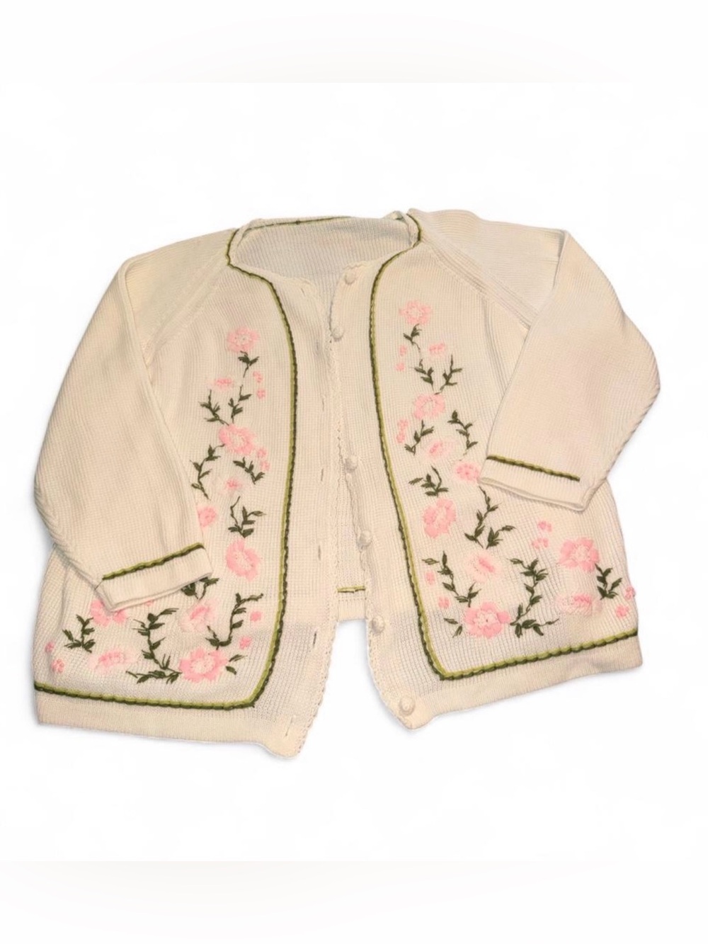 Vintage Cream Floral Knit Cardigan with Pink Embroidery
